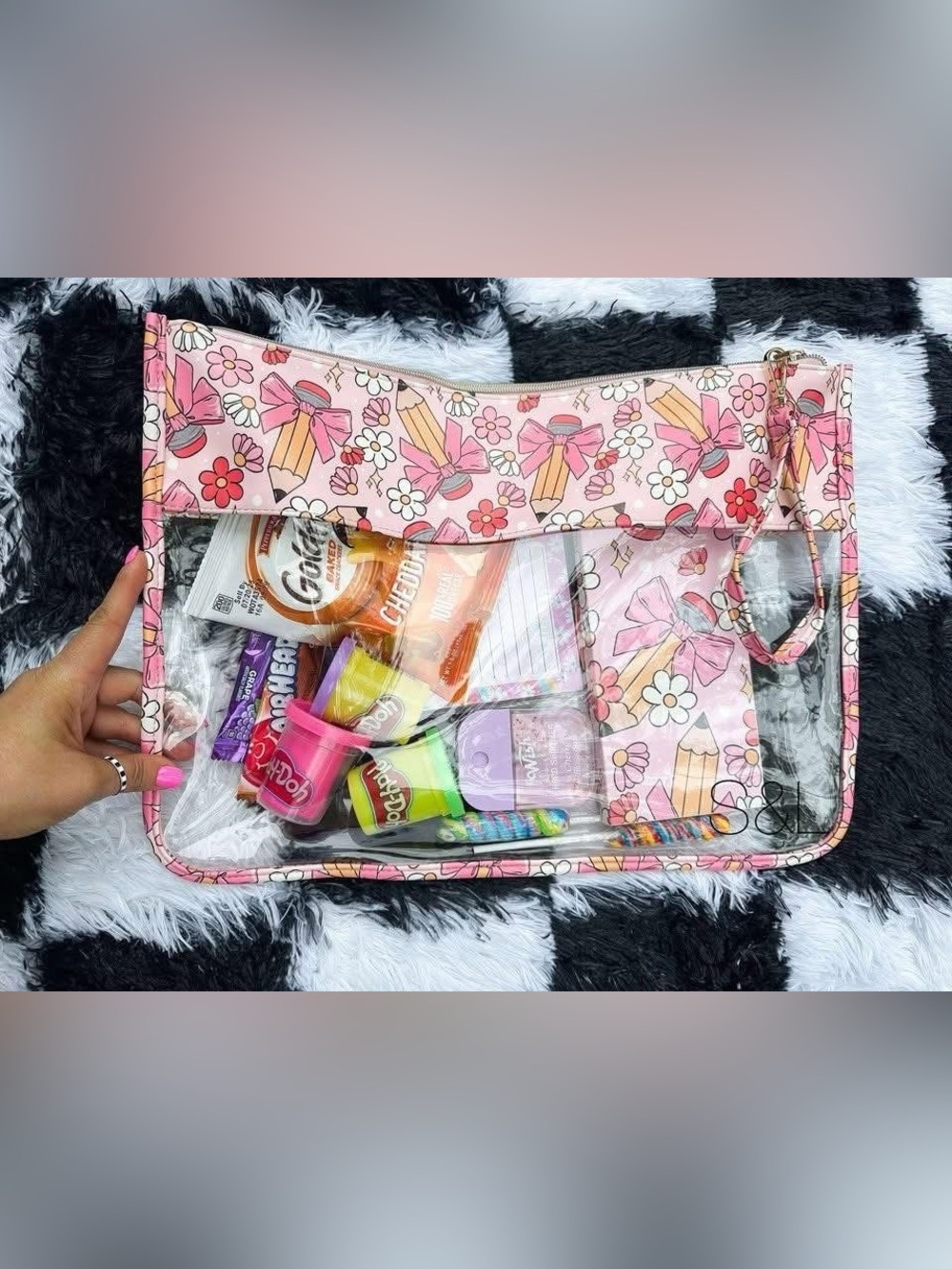Teacher Gift Clear Travel Bag Large Pink Organizer Pouch Makeup Snack Essentials